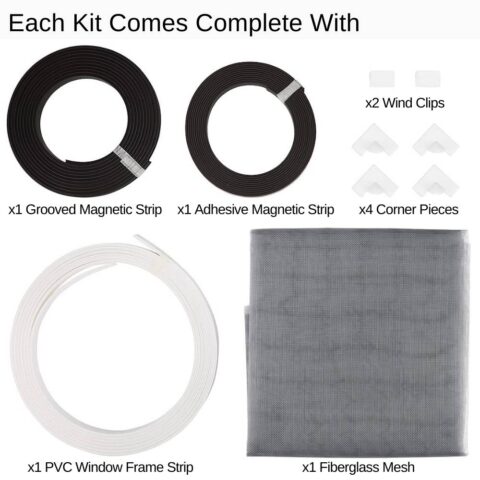 A magnetic window screen kit ready to fit to a window frame